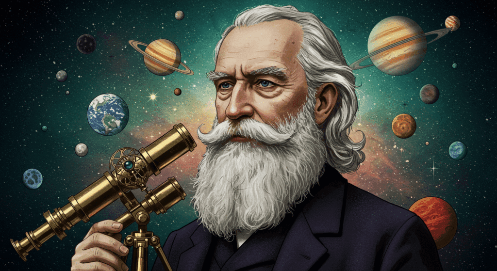 ¿Quién Fue Galileo Galilei y Por Qué Revolucionó la Ciencia? 5 Retrato de científico con telescopio frente a planetas. Ilustración digital de astrónomo y el universo