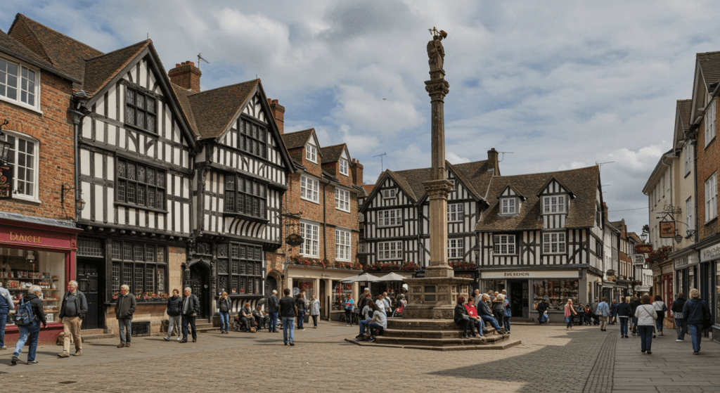 Normas insólitas: Las leyes más absurdas que siguen vigentes 3 Calle concurrida en ciudad europea con edificios de estilo Tudor. Arquitectura, turismo, casco antiguo, paseo urbano, estilo medieval.