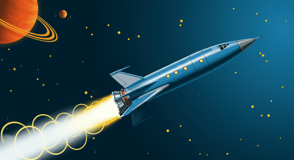 ¿Podemos Viajar a la Velocidad de la Luz? Lo Que Dice la Ciencia 4 Ilustración retro de cohete espacial azul viajando por el espacio, con planeta rojo al fondo y estelas amarillas.