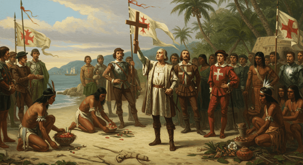 Las consecuencias ocultas de la conquista de América 2 "Pintura histórica del encuentro de Cristóbal Colón y los nativos americanos. Obra de arte que representa la llegada de Colón a América con su tripulación y el contacto con los indígenas. Ideal para contenido sobre historia, exploración y el Descubrimiento de América."