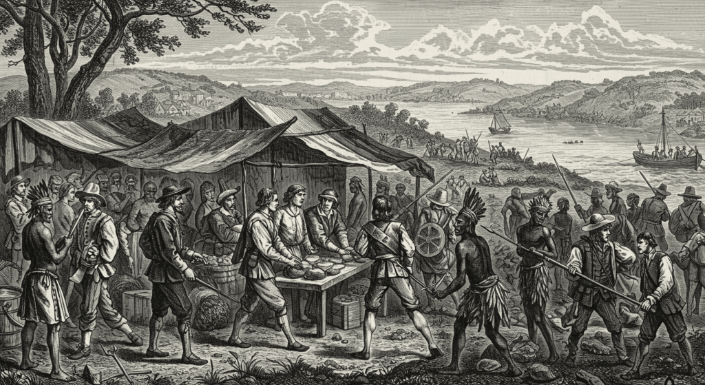 Las consecuencias ocultas de la conquista de América 4 "Grabado antiguo representando un conflicto entre colonos europeos e indígenas. Ilustración histórica en blanco y negro mostrando la violencia y explotación durante la colonización. Ideal para contenido sobre historia, colonización y grabados antiguos."