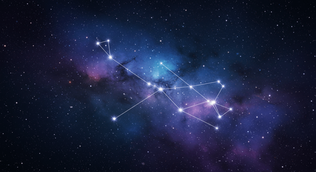 Horóscopo: ¿Realmente influye en nuestra vida o es solo superstición? 4 Constelación brillante en cielo estrellado azul y violeta. Patrón de estrellas conectadas en el espacio profundo. Imagen de astronomía y horóscopo.
