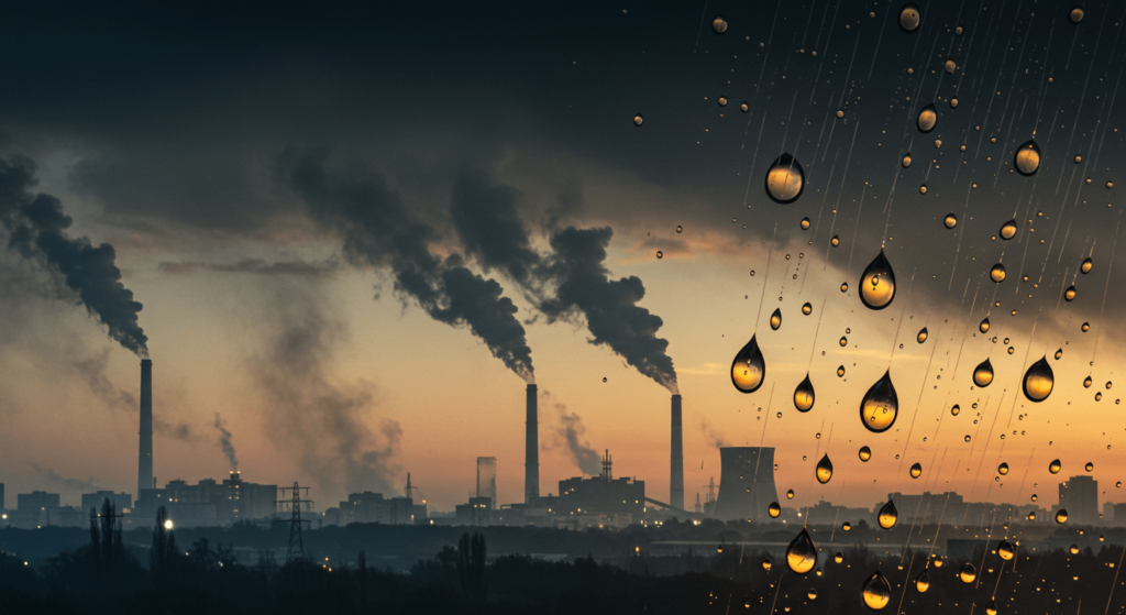 Lluvia ácida: Un fenómeno peligroso que afecta al planeta 3 "Ciudad industrial con contaminación y lluvia simulada. Imagen conceptual de impacto ambiental y cambio climático."