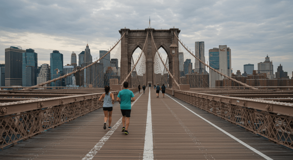 Cómo dormir mejor: trucos respaldados por la ciencia 6 Corriendo puente Brooklyn. Gente corriendo en el puente de Brooklyn, Nueva York. Deporte, ejercicio y turismo urbano.