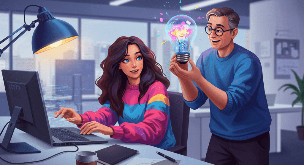 Efecto Mandela: ¿Por qué recordamos cosas que nunca pasaron? 7 "Ilustración conceptual de creatividad y automatización. Persona usando un ordenador y otra persona con una bombilla de idea, representando innovación. Accesibilidad web y SEO."