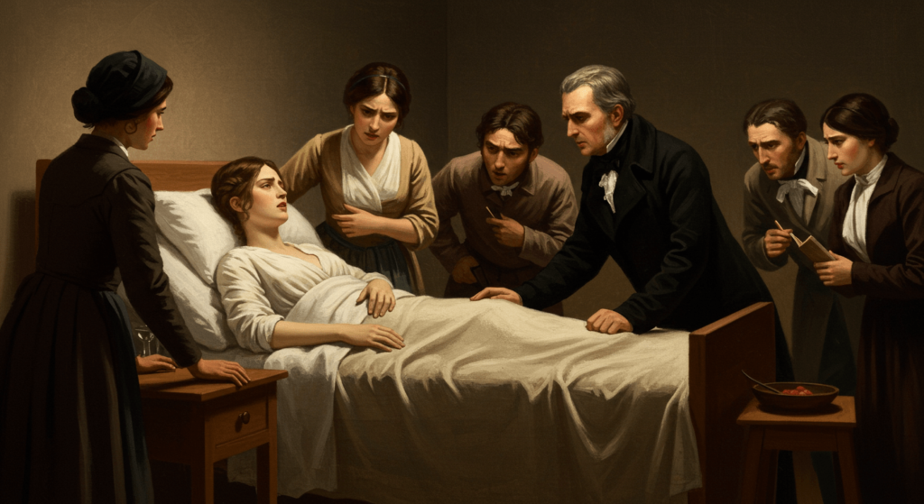 Hipnosis: ¿Una herramienta terapéutica o un truco de ilusión? 3 "Cuadro antiguo que representa una escena médica con una mujer enferma en cama atendida por varias personas. Arte histórico sobre salud y sociedad."