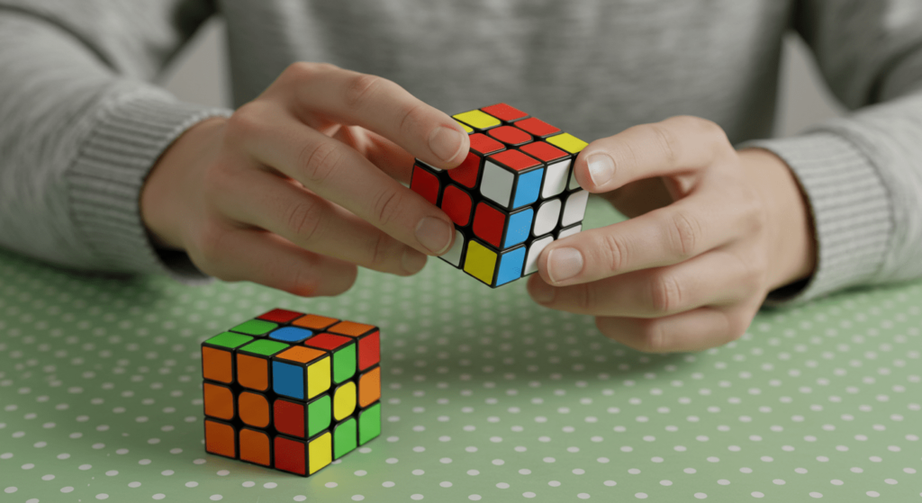 Síndrome de Asperger: Inteligencia, sensibilidad y un mundo diferente 2 Manos sosteniendo un cubo de Rubik parcialmente resuelto sobre una mesa verde. Juego de lógica, rompecabezas, resolución de problemas.