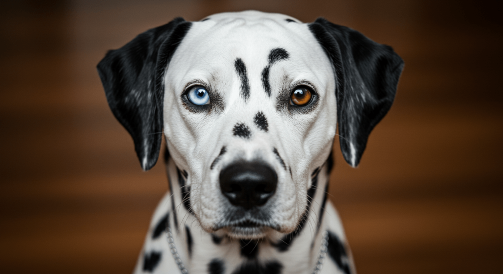 ¿Por qué tenemos ojos de distintos colores? La ciencia detrás de tu mirada 3 Retrato de un perro dálmata con heterocromía; un ojo azul y un ojo marrón. Imagen de mascotas, perros, razas de perros, dálmata.