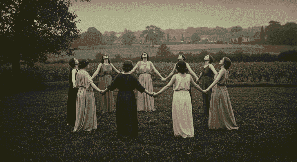 La Verdadera Historia de las Brujas: Mito, Magia y Persecución 2 Fotografía antigua en blanco y negro de mujeres danzando en círculo. Vestidas con túnicas, ritual pagano, danza mística, estética vintage.