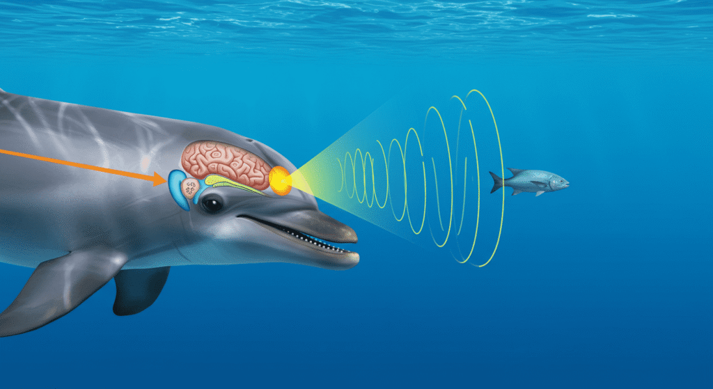 ¿Cómo funciona la ecolocalización? El radar natural de la naturaleza 4 Ilustración de delfín usando ecolocalización. Un delfín emite ondas sonoras amarillas para detectar un pez bajo el agua. La anatomía interna del delfín se muestra para ilustrar el proceso de ecolocalización. Ideal para contenido educativo sobre mamíferos marinos y comunicación animal.
