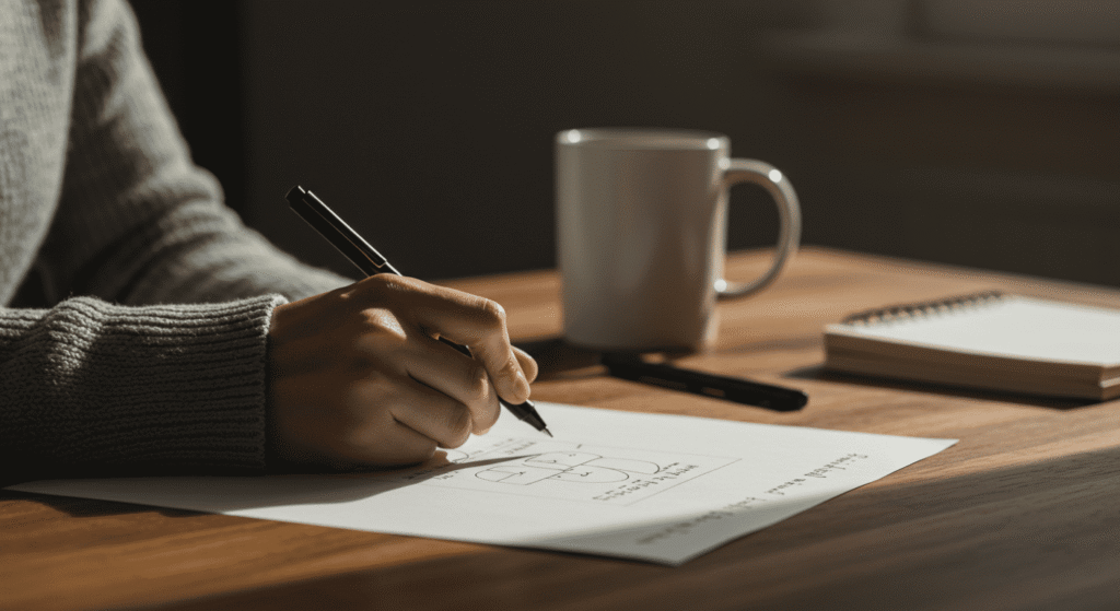 Café para la mente y el cuerpo: razones para seguir disfrutándolo 2 Dibujando pluma mesa madera. Imagen de una mano dibujando con una pluma en una mesa de madera. Creatividad y diseño.