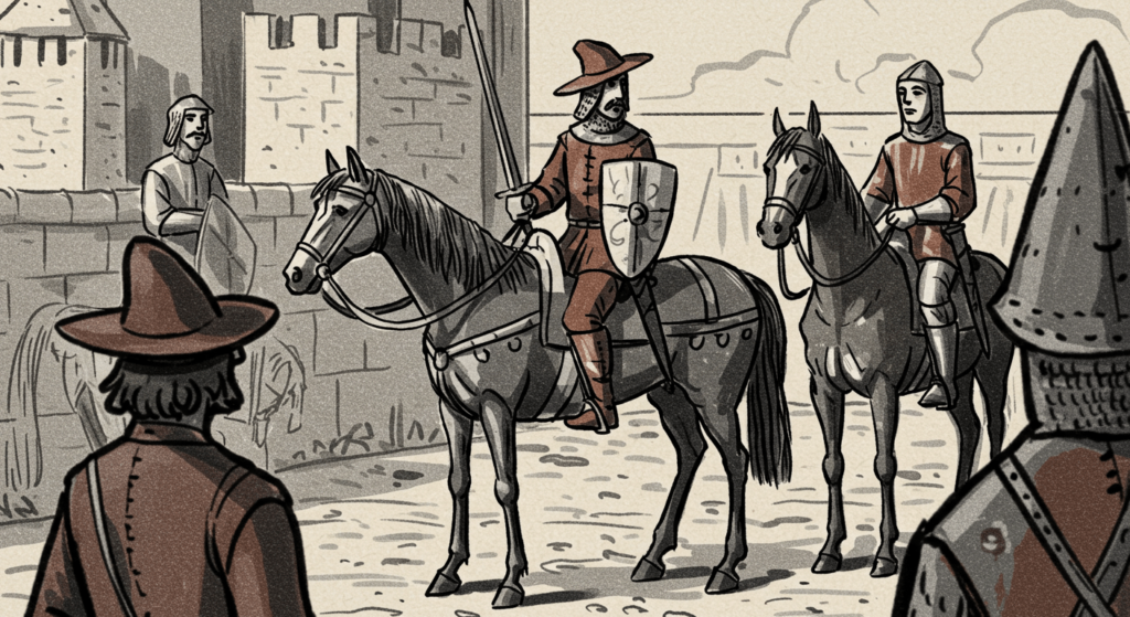 El verdugo medieval: La figura oscura que hacía justicia (a su manera) 1 Imagen medieval con personas montando caballos: Dibujo histórico de jinetes y arquitectura antigua. Edad Media, ilustración y estilo antiguo.