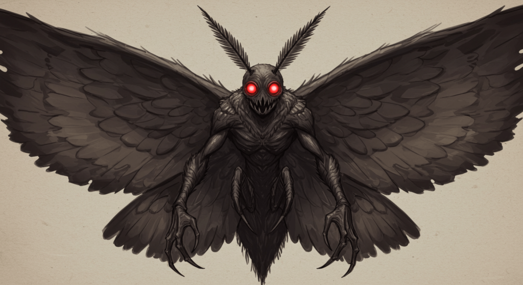 Mothman: La leyenda del Hombre Polilla y sus misteriosos avistamientos 1 "Dibujo de criatura mítica con alas y ojos rojos brillantes. Imagen sobre leyenda del Mothman y criptozoología."