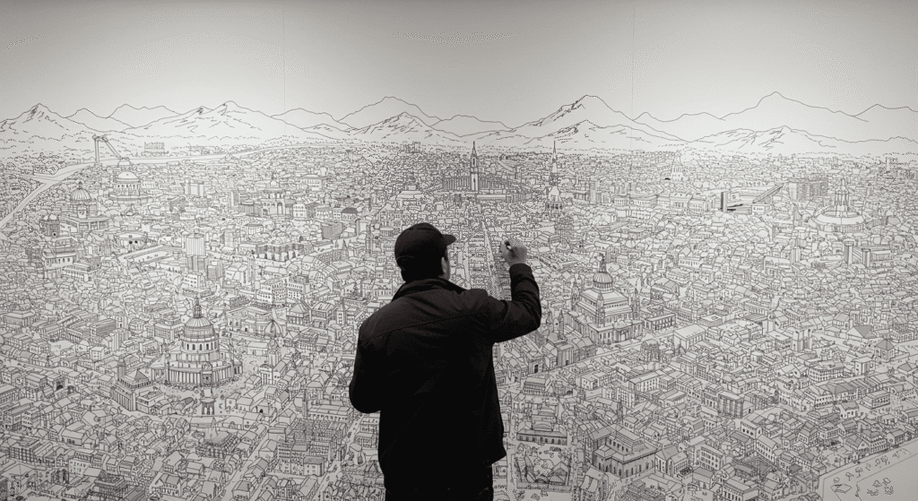 El Síndrome del Sabio: genios ocultos en cerebros diferentes 4 Dibujo ciudad artista. Imagen de un artista dibujando un detallado paisaje urbano en una pared. Arte y arquitectura.