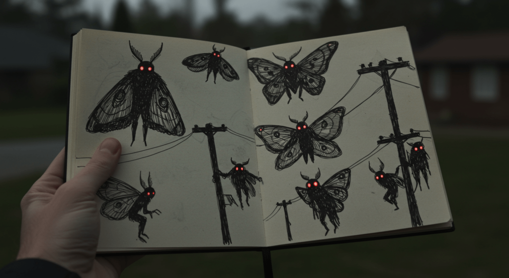 Mothman: La leyenda del Hombre Polilla y sus misteriosos avistamientos 6 "Persona mostrando un cuaderno con dibujos de criaturas aladas, posiblemente polillas o aves. Imagen sobre ilustración, arte y creatividad."