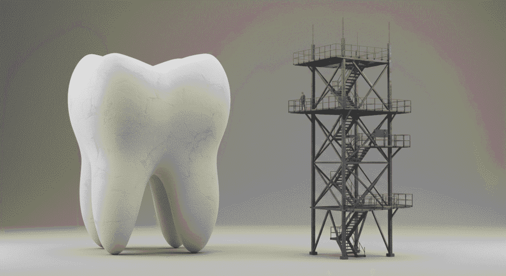 Alineadores Dentales vs Brackets: ¿Cuál Es Mejor Para Ti? 2 "Ilustración 3D de un molar blanco gigante junto a una torre industrial metálica. Diseño conceptual con figura roja diminuta en la cima del molar. Odontología surrealista."