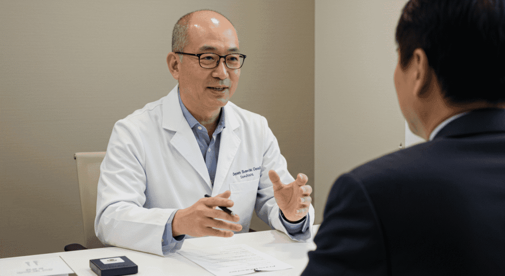 Doctor hablando con paciente en consultorio. Consulta médica, salud.