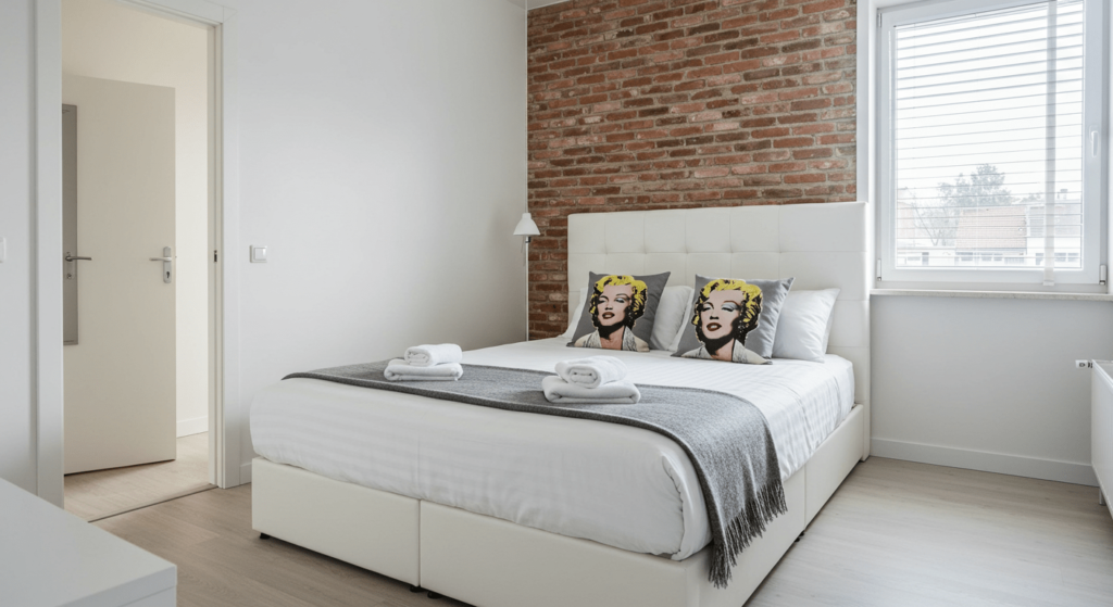 ¿Qué es el minimalismo? La filosofía de vivir con lo esencial 2 "Dormitorio moderno blanco: imagen de una habitación luminosa con diseño minimalista, ropa de cama blanca y toques de diseño con almohadas de Marilyn Monroe. Ideal para contenido sobre diseño de interiores, decoración de dormitorios y estilo moderno. Accesible para personas con discapacidad visual."