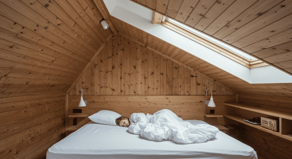 Curiosidades Sorprendentes sobre los Sueños que Probablemente No Sabías 1 "Persona durmiendo en cama con sábanas blancas en dormitorio rústico de madera. Descanso y confort en cabaña con luz natural."