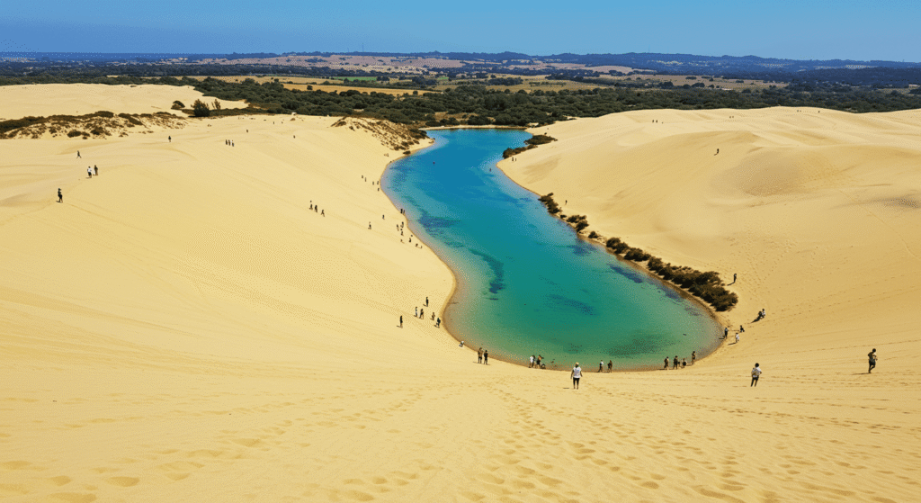 ¿Por qué los humanos tenemos diferentes tonos de piel? La ciencia lo explica 2 Dunas arena paisaje. Imagen de dunas de arena con agua azul y personas caminando. Turismo y aventura.