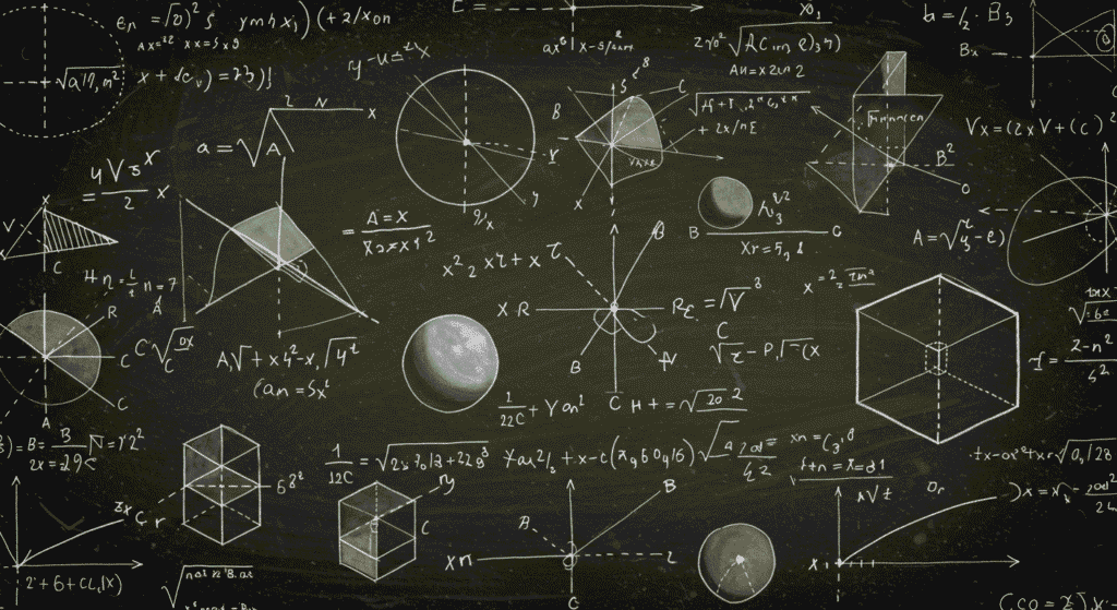 El Síndrome del Sabio: genios ocultos en cerebros diferentes 5 Ecuaciones matemáticas pizarra. Imagen de pizarra llena de fórmulas matemáticas y diagramas geométricos. Ciencia y educación.