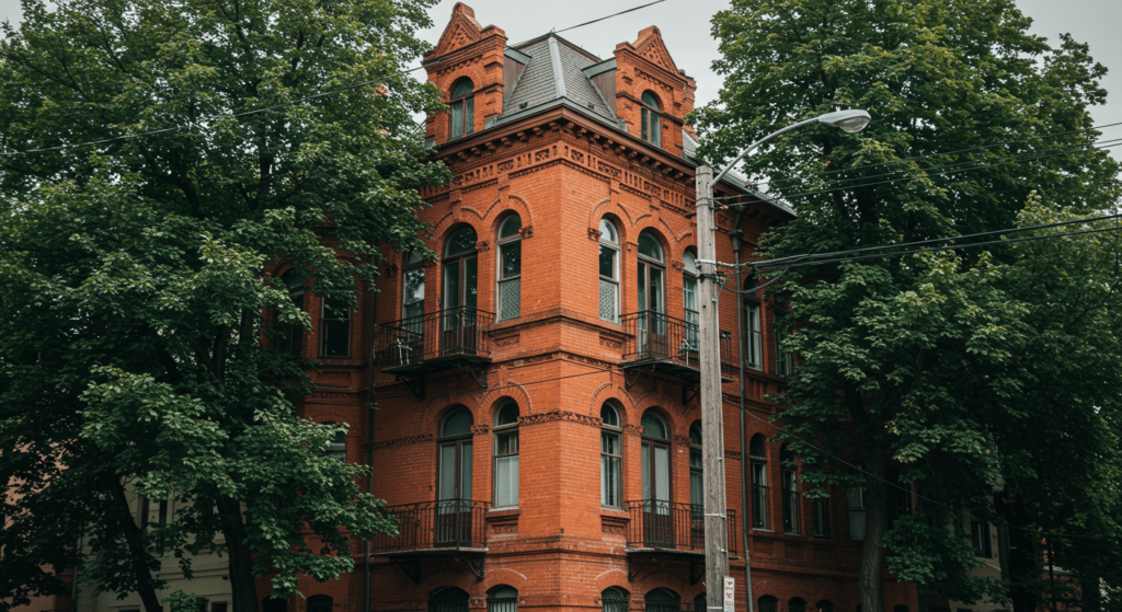 3 relatos cortos de terror que te quitarán el sueño 5 "Edificio antiguo de ladrillo rojo con detalles arquitectónicos clásicos. Imagen de patrimonio urbano y arquitectura histórica."