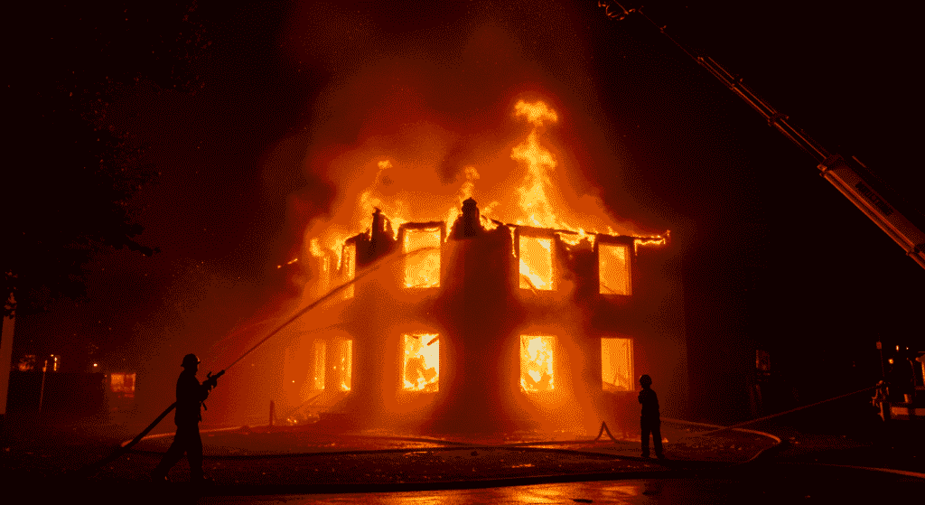 ¿Qué hacer en caso de incendio? Guía rápida que puede salvar tu vida 2 Incendio de edificio. Bomberos combatiendo fuego. Desastre nocturno.