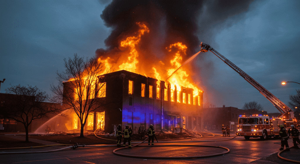 ¿Qué hacer en caso de incendio? Guía rápida que puede salvar tu vida 6 Edificio en llamas. Bomberos luchando contra incendio. Camión de bomberos.