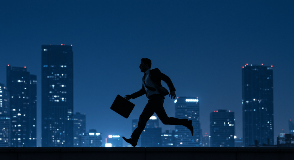 ¿Qué es el estrés y por qué sentimos que todo nos sobrepasa? 7 Silueta de empresario corriendo con maletín en entorno urbano azulado. Negocios, urgencia, carrera profesional, éxito.