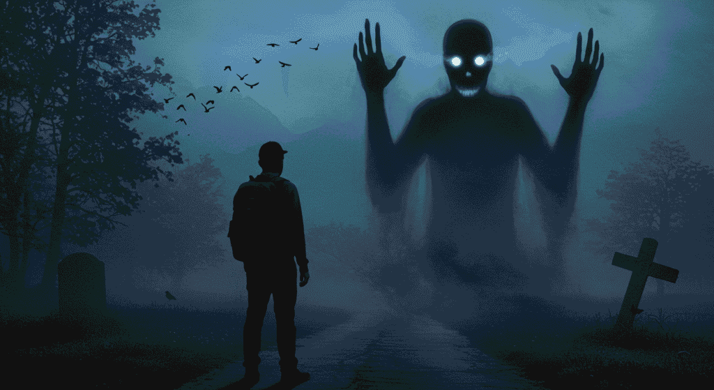 ¿Existen los fantasmas? Esto es lo que dice la ciencia 4 Imagen de terror con figura solitaria enfrentando espectro gigante en paisaje brumoso y oscuro. Ideal para contenido de horror, fantasmas y temas paranormales.