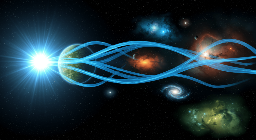 Energía y materia oscura: Los misterios invisibles del universo 1 Ilustración espacial fantástica con planeta amarillo-verdoso, estrella brillante, corrientes de energía azul, nebulosas de colores y galaxias sobre un fondo estrellado.