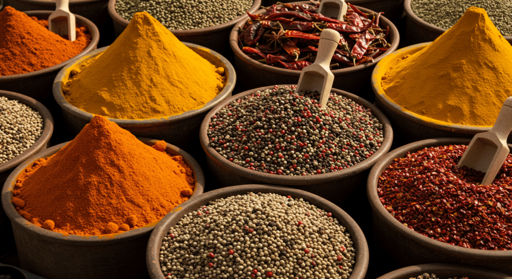 ¿Por qué disfrutamos el picante si quema? Una mezcla de química y cerebro 5 Especias variadas en recipientes rústicos de barro: cúrcuma, pimienta, semillas y chiles secos. Ingredientes culinarios, sabores del mundo, fotografía de alimentos.