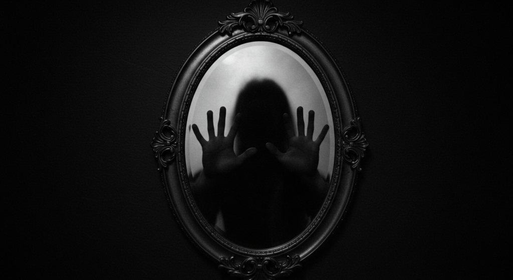 ¿Por qué sentimos miedo? Explicación emocional y biológica 3 Imagen de espejo con manos fantasmales: Reflejo inquietante con figura atrapada. Terror, misterio y lo paranormal.