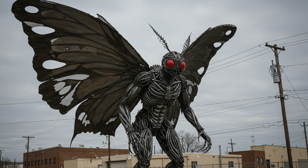 Mothman: La leyenda del Hombre Polilla y sus misteriosos avistamientos 3 "Estatua de metal del Mothman, criatura legendaria de Point Pleasant. Imagen sobre folclore, arte público y cultura local."