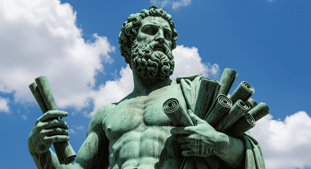 Aristóteles: Sus Principales Contribuciones a la Ciencia y la Filosofía 2 Estatua de bronce de figura masculina con barba, estilo griego clásico, sosteniendo rollos de pergamino. Imagen accesible y optimizada para SEO.