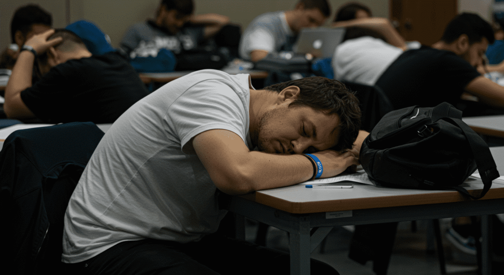 Curiosidades Sorprendentes sobre los Sueños que Probablemente No Sabías 6 "Estudiante durmiendo en pupitre durante clase. Fatiga y sueño en ambiente educativo para SEO y accesibilidad."