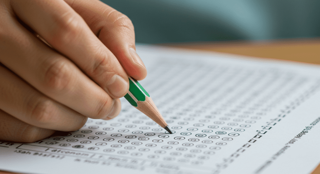 El Síndrome del Sabio: genios ocultos en cerebros diferentes 6 Examen rellenando respuestas. Imagen de una mano completando un examen de opción múltiple con lápiz. Educación y pruebas académicas.