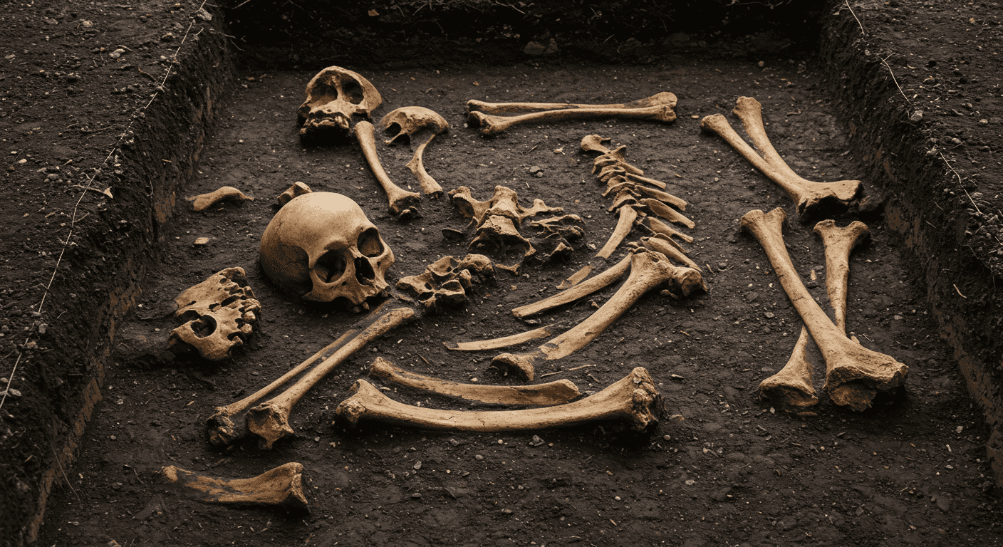 La Hipótesis Siluriana: ¿Hubo una civilización avanzada antes que nosotros? 4 "Imagen de excavación arqueológica: huesos y cráneos humanos en tierra oscura. Hallazgo arqueológico de restos humanos. Accesible y optimizada SEO."