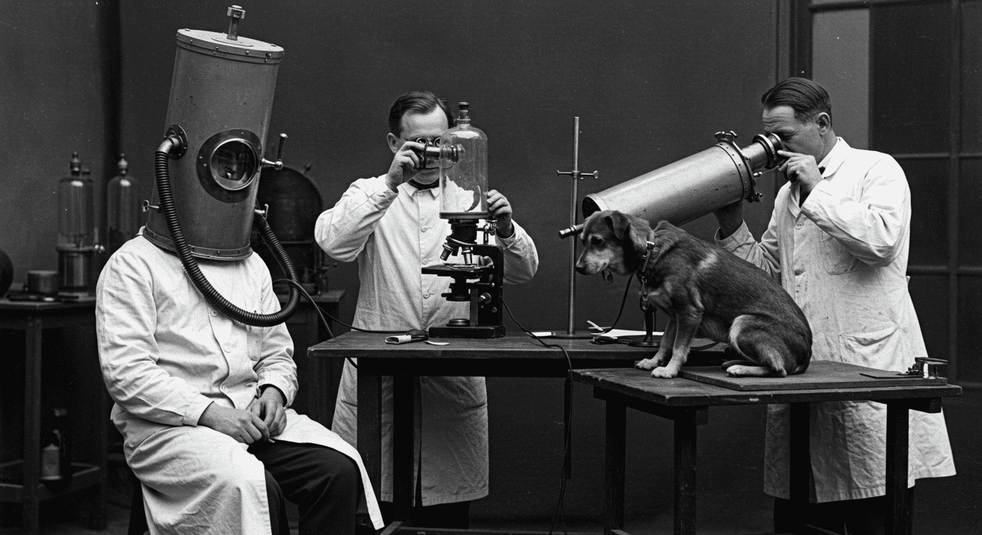 Los peores experimentos nazis (Parte 2): la ciencia al servicio del horror 5 Fotografía antigua en blanco y negro de experimento científico con personas y perro. Escena de laboratorio con aparatos y dispositivos de observación.