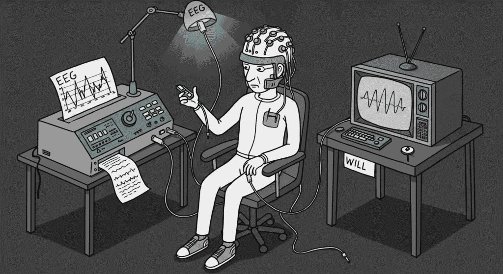 ¿Existe Realmente el Libre Albedrío o Todo Está Determinado? 5 Dibujo de experimento científico midiendo la actividad cerebral y el movimiento muscular. EEG, EMG.