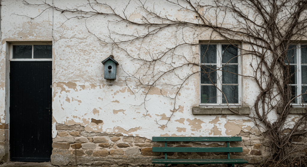 Ancient Ram Inn: La pensión más aterradora del mundo y sus oscuros secretos 2 "Fachada de piedra con vegetación: imagen de una pared de casa antigua cubierta de enredaderas y con pintura desgastada. Ideal para contenido sobre arquitectura antigua, deterioro y naturaleza. Accesible para personas con discapacidad visual."