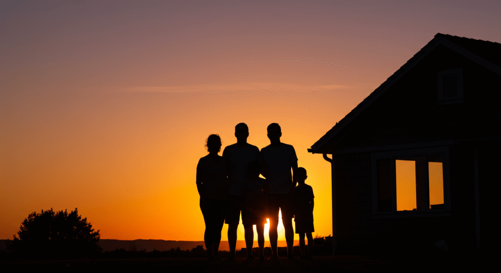 ¿Por qué tenemos alergias? Cuando el cuerpo reacciona sin razón aparente 5 Familia silueta atardecer. Imagen de padres e hijos en contraluz con cielo naranja. Representación de hogar y protección familiar.