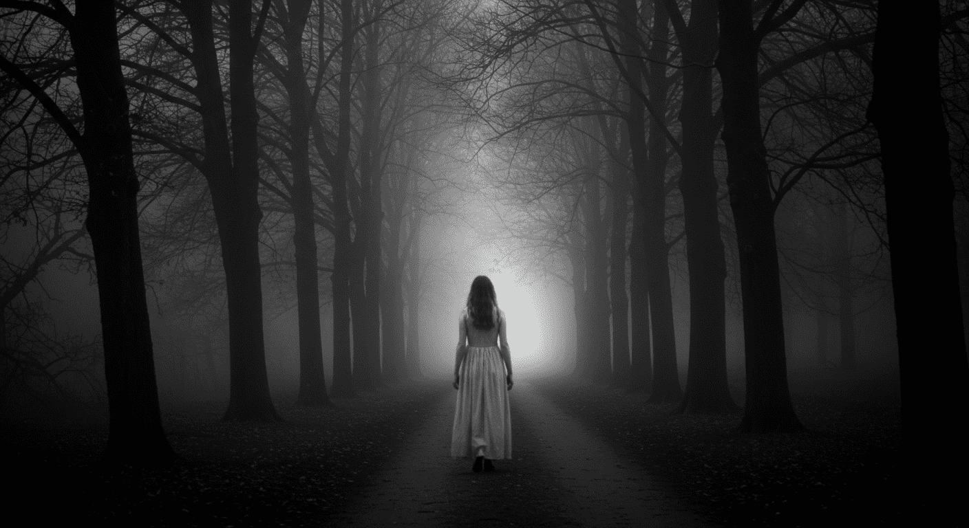 5 leyendas urbanas que aún hoy ponen los pelos de punta 5 Imagen en blanco y negro de figura fantasmal en camino neblinoso. Mujer vestida de blanco en bosque oscuro. Foto de terror y misterio.