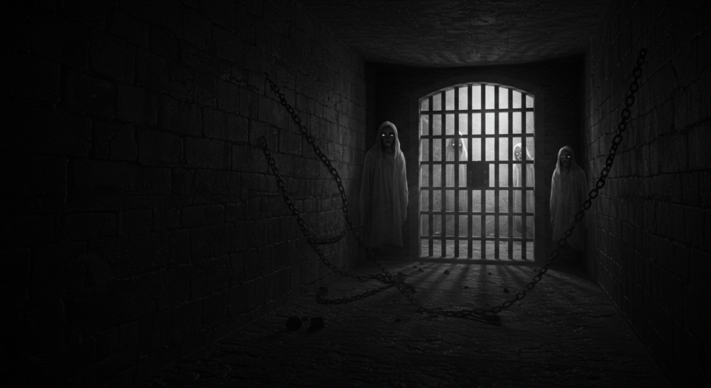 4 experiencias paranormales que te pondrán los pelos de punta 7 "Fantasmas en prisión: imagen de una celda oscura con espectros, creando una atmósfera de misterio y terror. Ideal para contenido sobre lugares encantados, sucesos paranormales y leyendas urbanas. Accesible para personas con discapacidad visual."