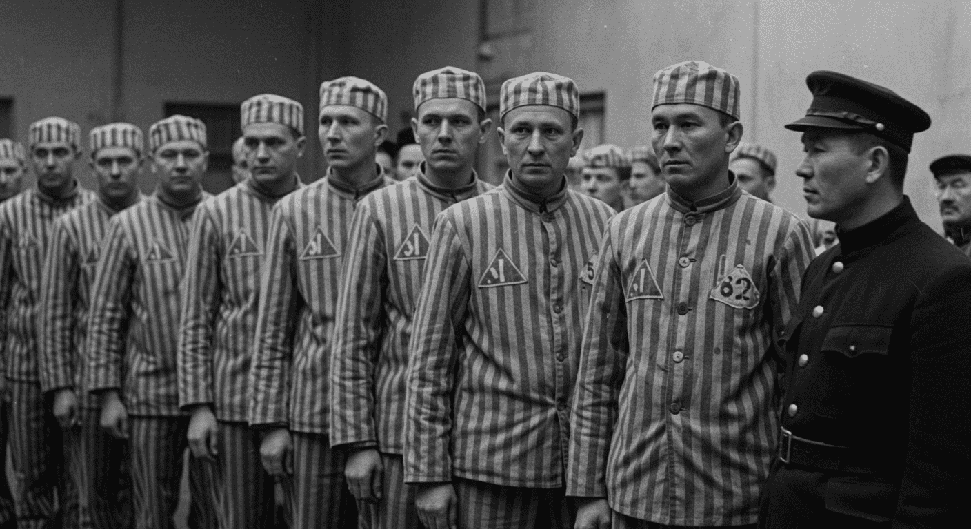 Los peores experimentos nazis (Parte 2): la ciencia al servicio del horror 3 Fotografía en blanco y negro de personas en fila con uniformes a rayas y triángulos invertidos. Imagen histórica de carácter institucional.