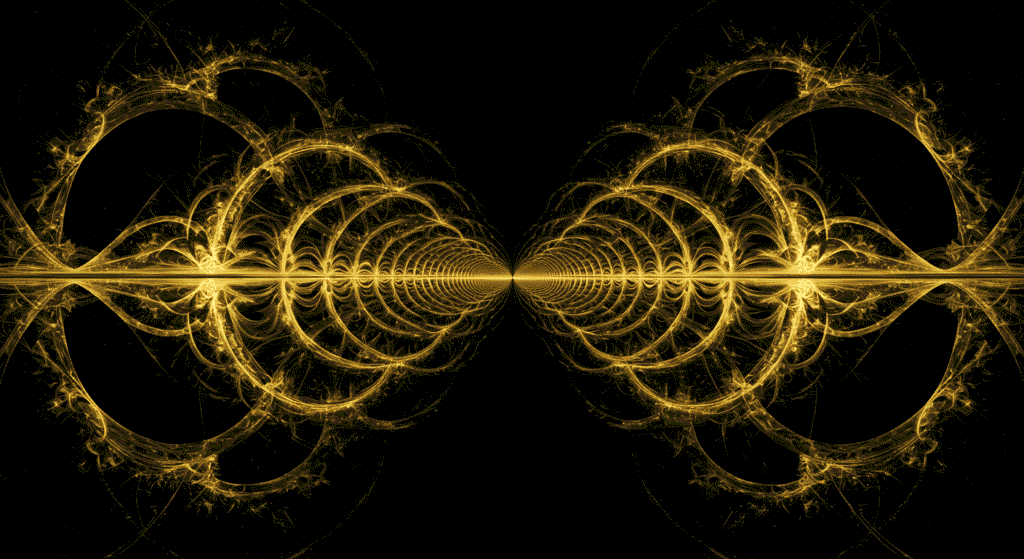¿Podemos Viajar a la Velocidad de la Luz? Lo Que Dice la Ciencia 7 Diseño fractal abstracto con líneas y círculos dorados sobre fondo negro, creando una ilusión de profundidad y simetría.