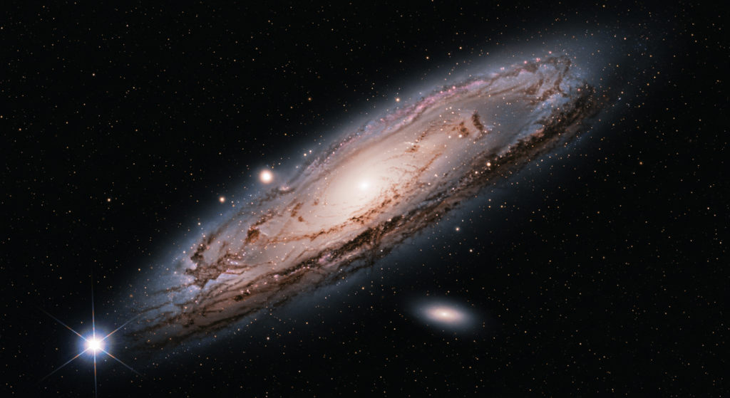 Energía y materia oscura: Los misterios invisibles del universo 4 Fotografía espacial de una galaxia espiral vista casi de canto, con un bulbo central brillante y densas bandas oscuras de polvo interestelar cruzando su disco. Una estrella luminosa en primer plano abajo a la izquierda.