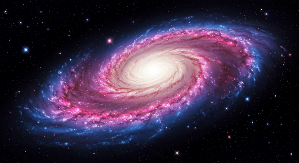 Energía y materia oscura: Los misterios invisibles del universo 5 Ilustración de una espectacular galaxia espiral con un núcleo muy brillante y brazos definidos en colores rosa, púrpura y azul, rodeada de estrellas en el espacio profundo.