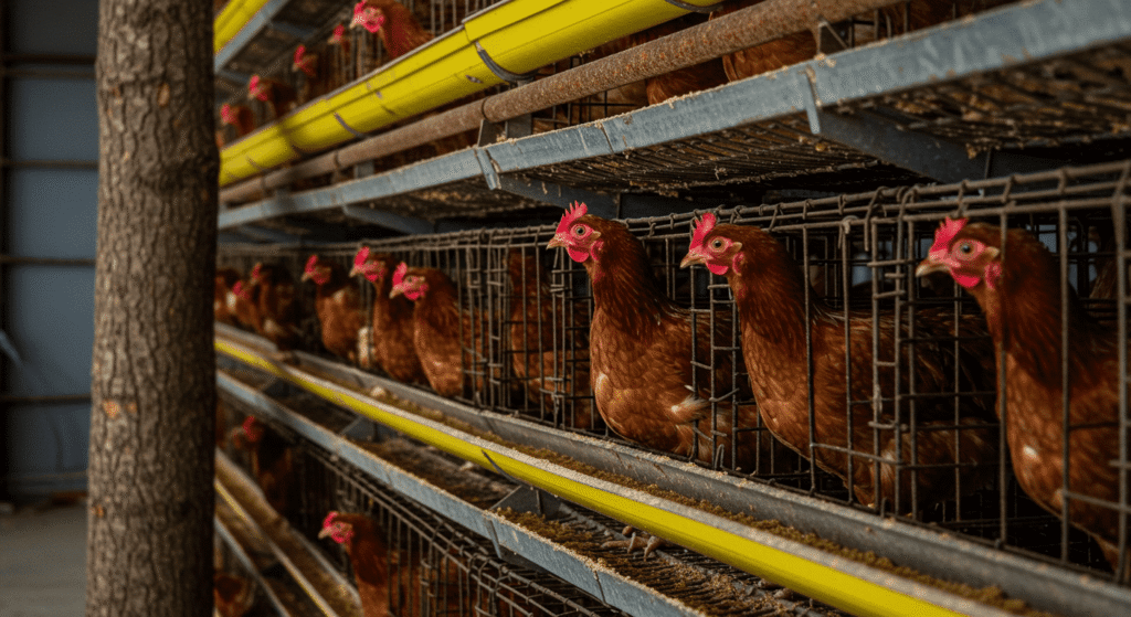 Coronavirus: El Origen en Wuhan y Cómo Comenzó Todo 3 Gallinas en jaulas de batería, hacinadas en una granja industrial. Cría intensiva de aves con evidencia de falta de espacio y plumaje deteriorado
