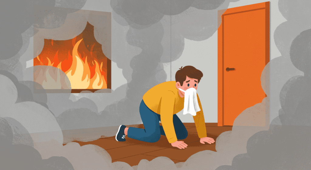 ¿Qué hacer en caso de incendio? Guía rápida que puede salvar tu vida 4 Persona gateando en incendio. Escapando del fuego con paño en la boca. Seguridad contra incendios.